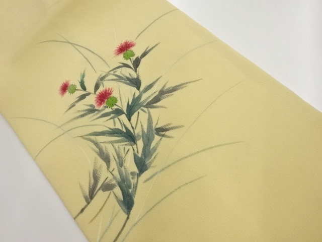 縮緬地手描きあざみ模様名古屋帯